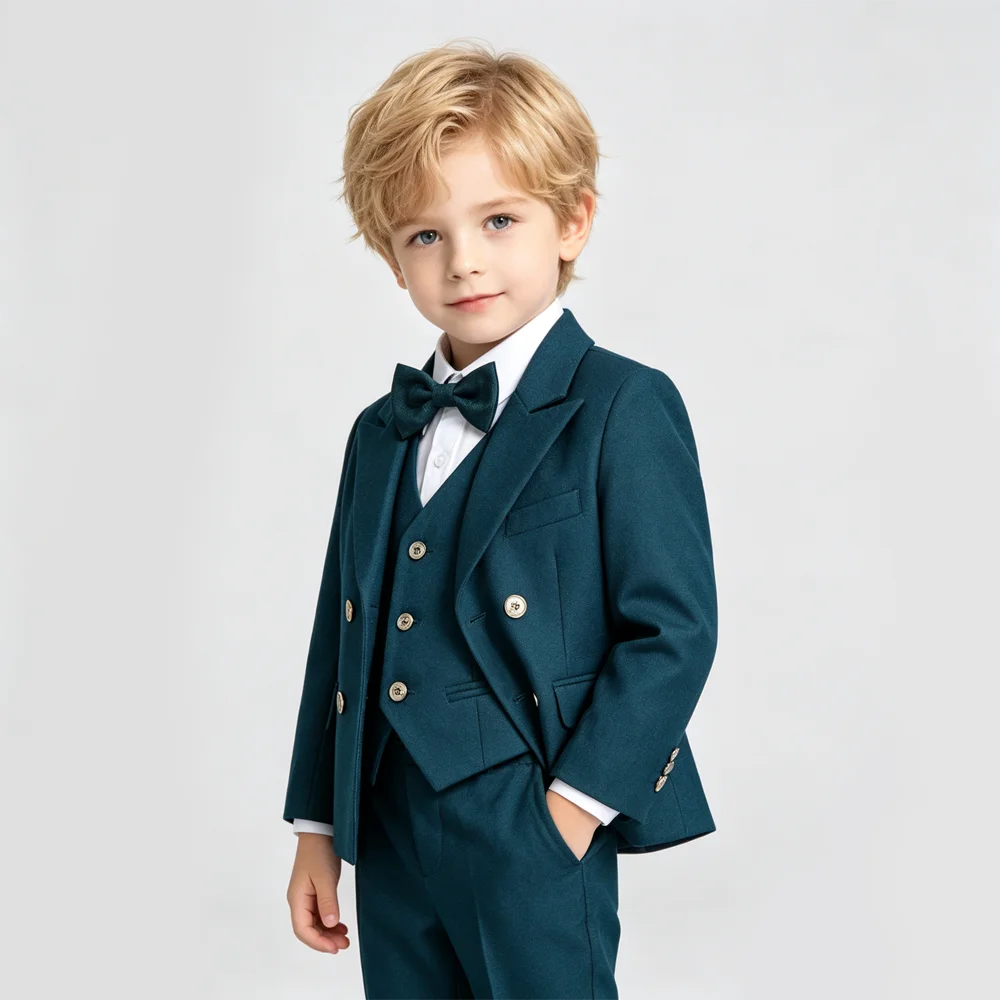 Boys Formal Suit Set Double Breasted Blazer Vest Pants Bowtie Kids Wedding Birthday Party Tuxedo Toddler Gentleman Outfit
