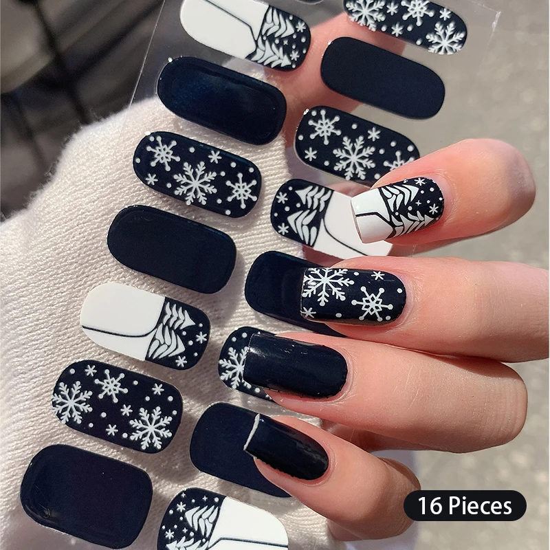 Christmas French Full-Cover Nail Sticker Decal Winter White Snowflake Nail Sticker 16tips Xmas Series DIY Manicure Long-lasting