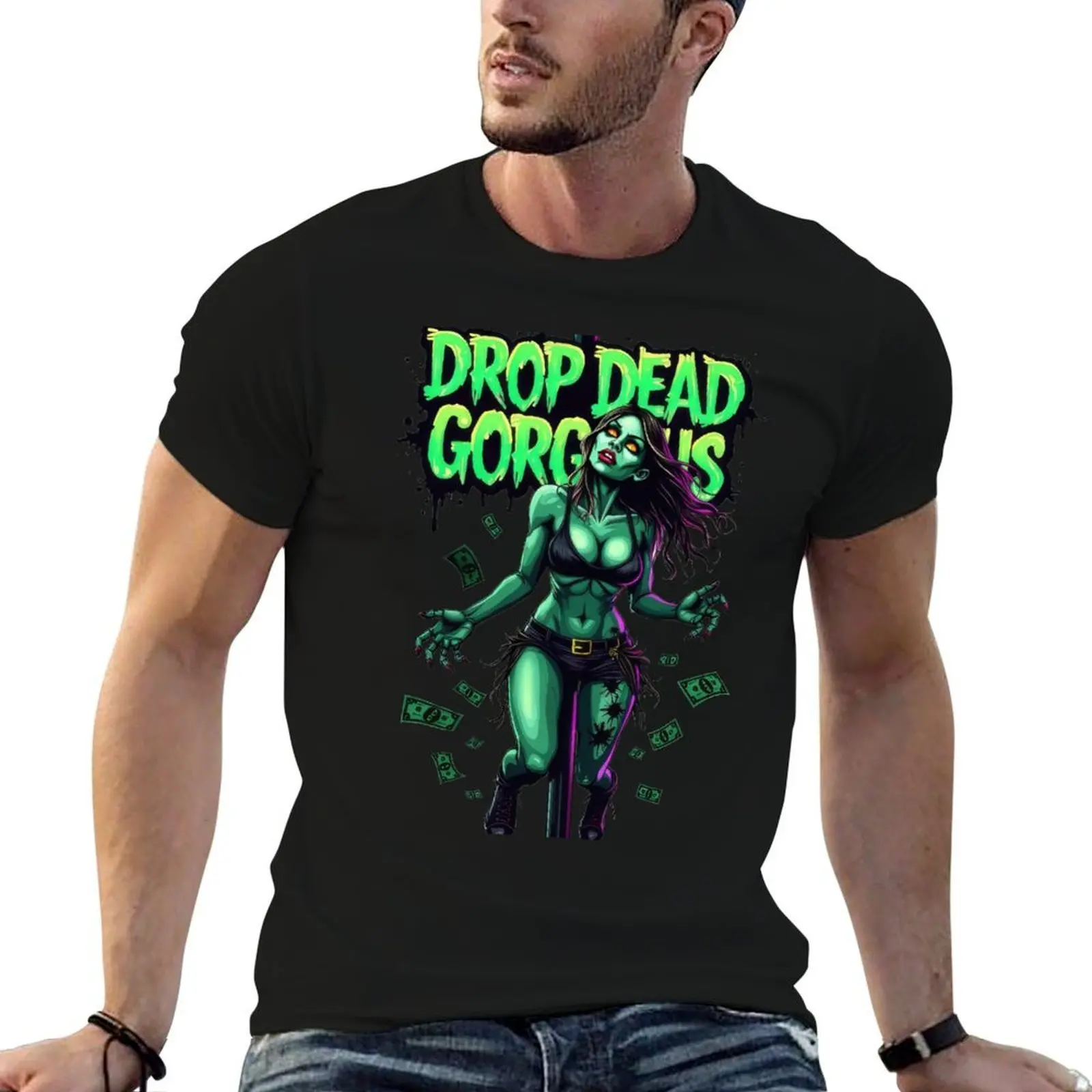 

Zombie, t Beauty, Neon Horror Undead Drop T-Shirt t man summer Pin-Up Gorgeous man shirt Dead Art cotton shirt Green