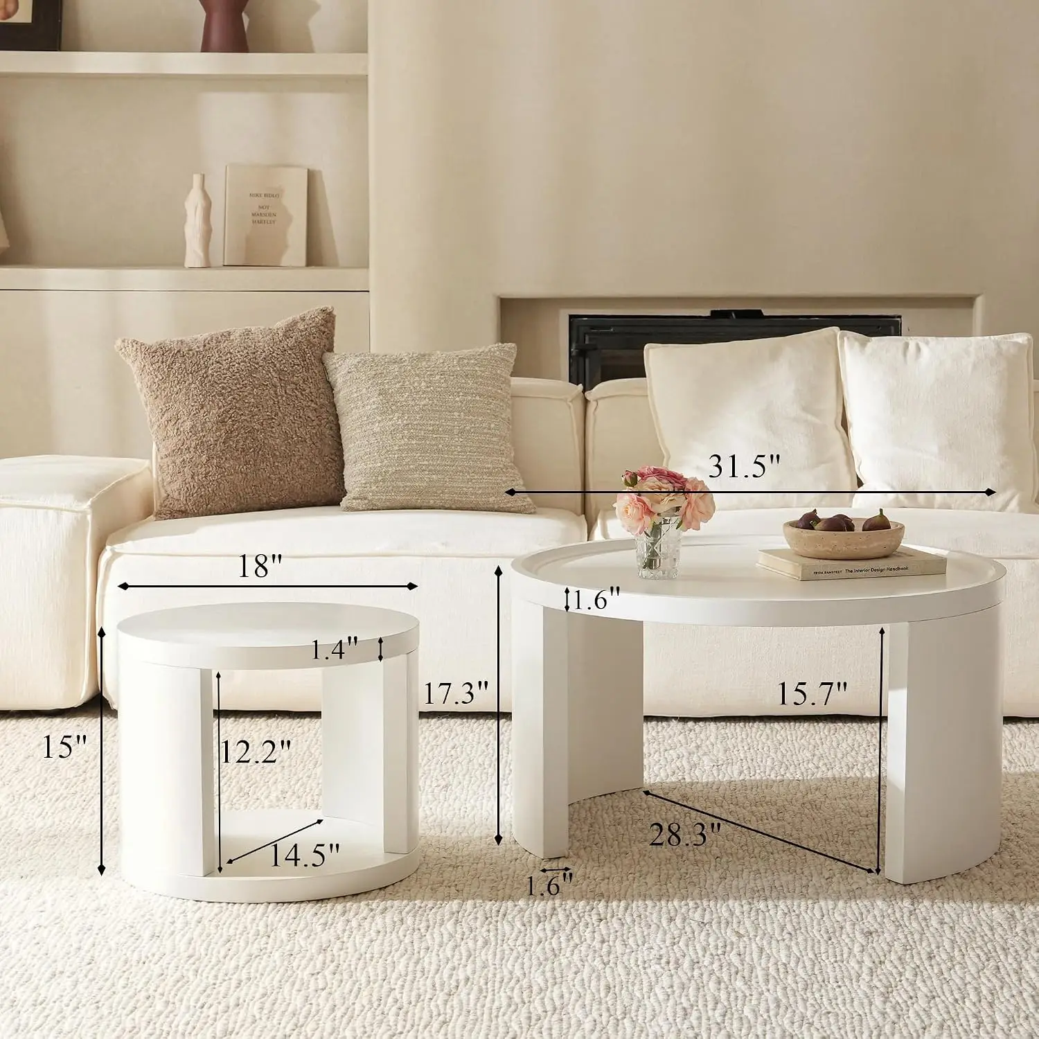 White Round Nesting Coffee Table Set of 2, 31.5 in, Customized