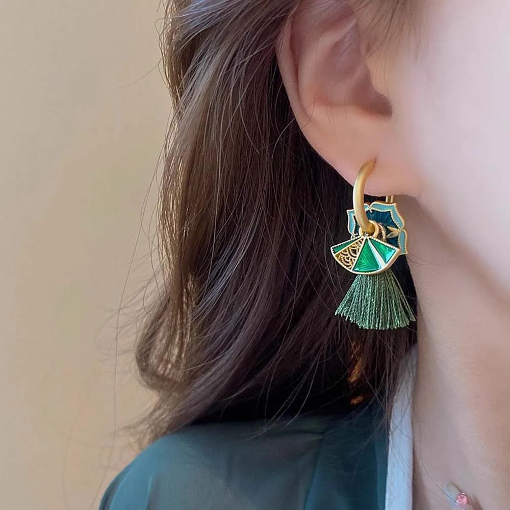 Fashion Enamel Water Drop Glaze Fan Hanfu Tassel Earrings Chinese Antique Cheongsam Pendant Ear Hook Hanfu Jewelry