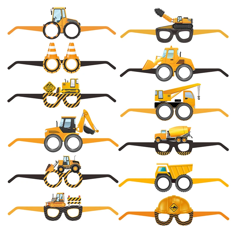 

6pcs Glasses Construction Paper Glasses Photo Booth Props Boy Excavator Truck Tractor Construction Birthday Party Decor