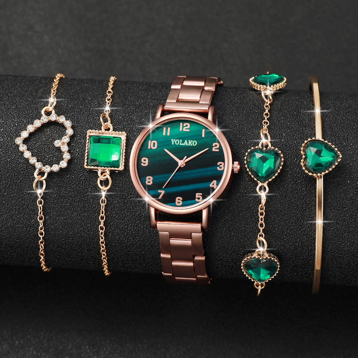 5PCS/Set Fashion Green Dial Women Quartz Watch Steel Band Watches Bracelets Set(Without Box)