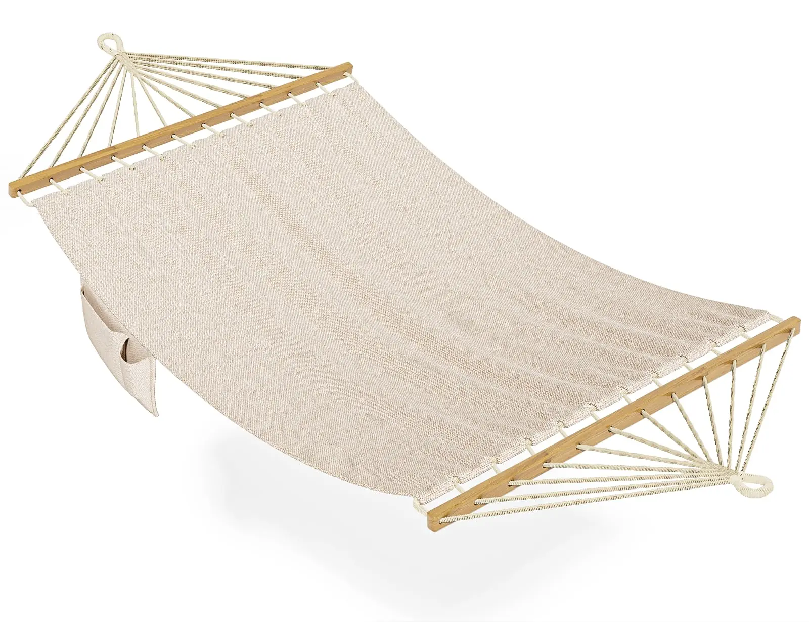 

Double Hammock With Wooden Spreader Bars And Side Pocket Beige