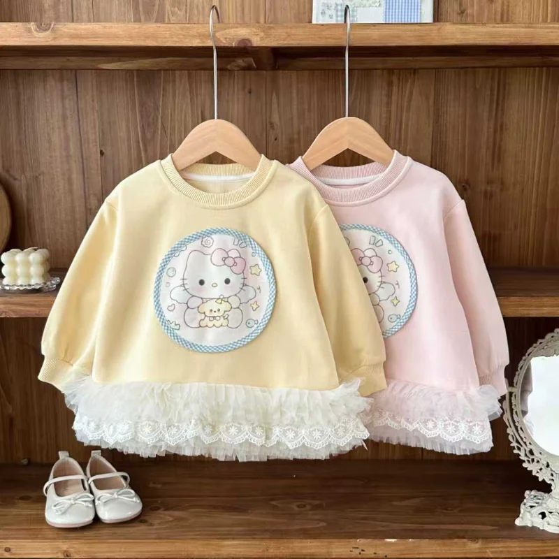 

Sanrio Hello Kitty Kids Hoodie Girl Long Sleevest Shirt Kawaii Spring Autumn New Lace Dresses Cartoon Anime Tops Child Clothing