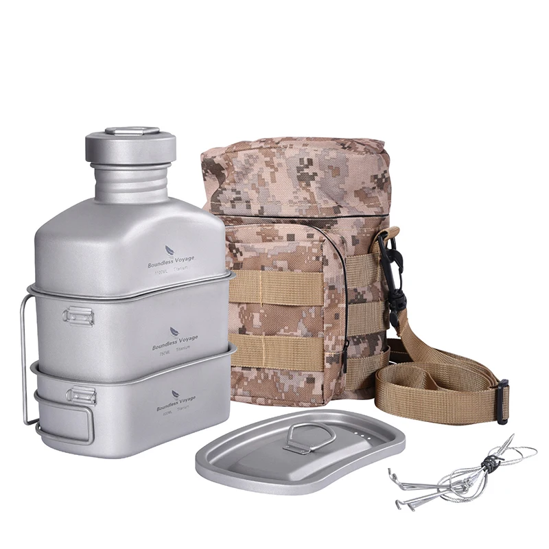 

Boundless Voyage Camping Tableware Titanium Military Canteen Kettle Outdoor Travel Picnic Pot Pan Set with Lid Camouflage Bag