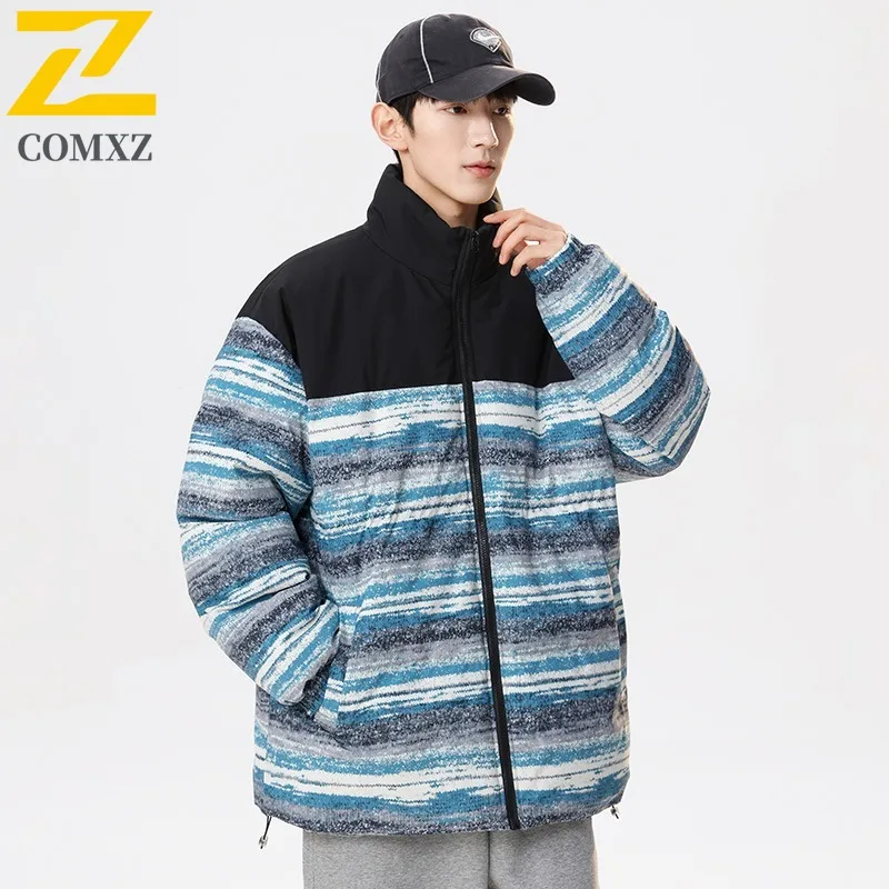 COMXZ Men Casual Color Block Reversible Jacket Stand Collar 2025  American Style New Thick Warm Cotton-Padded Winter Sports Coat