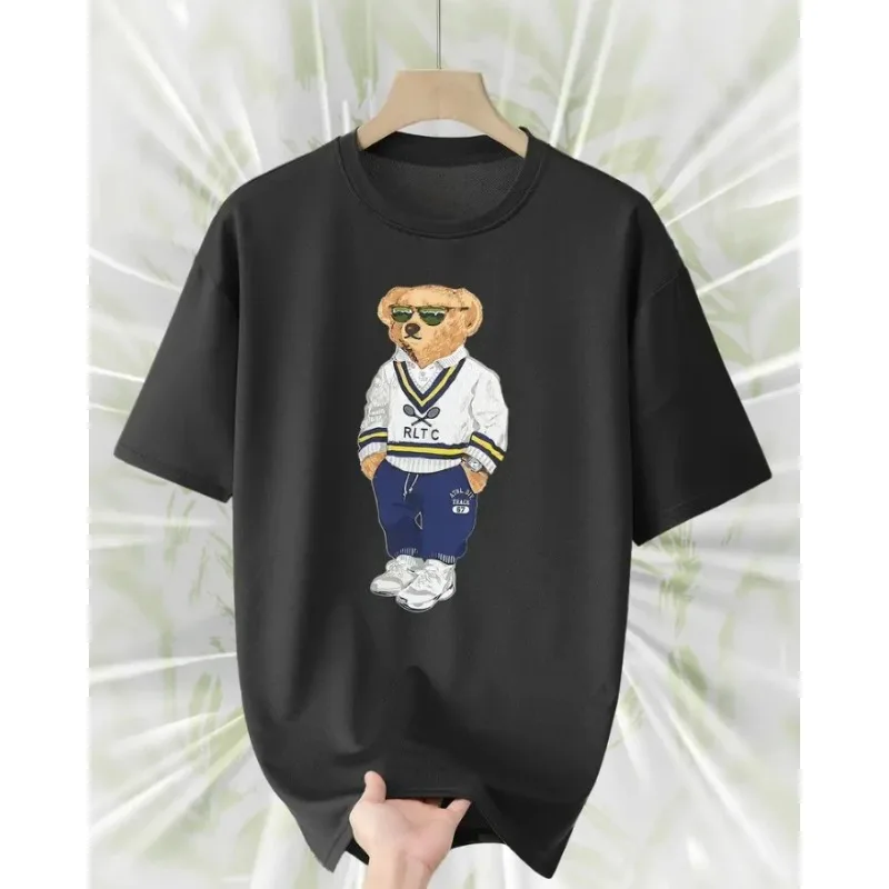 2026 Men's Fashion Loose Crew Neck Cotton T-Shirt, Casual Street Style, Teddy Bear Print Short Sleeve