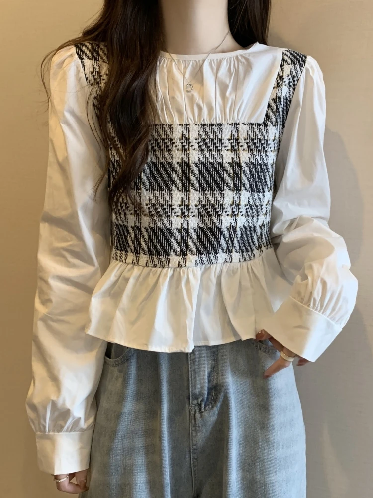 Slimming Effect Women's Shirt Top Early Autumn plus Size Conceal Belly Cute Doll Style Faux Two-Piece Cotton Polyester Blend