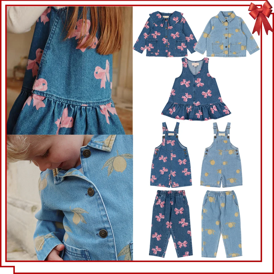 

Children Clothes Set 2025 KS Toddler Boys Denim Jeans Braces Girls Cute Print Dress Overalls Kid Fashion Lemon Jacket Jean Pants