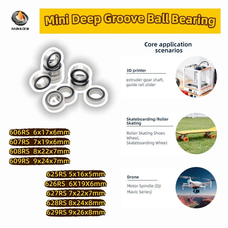 10PCS 608 606 607 609 625 626 627 628 629 2RS Bearings Bore 5mm 6mm 7mm 8mm 9mm Roller Wheel Lubricated Sealed Bearing