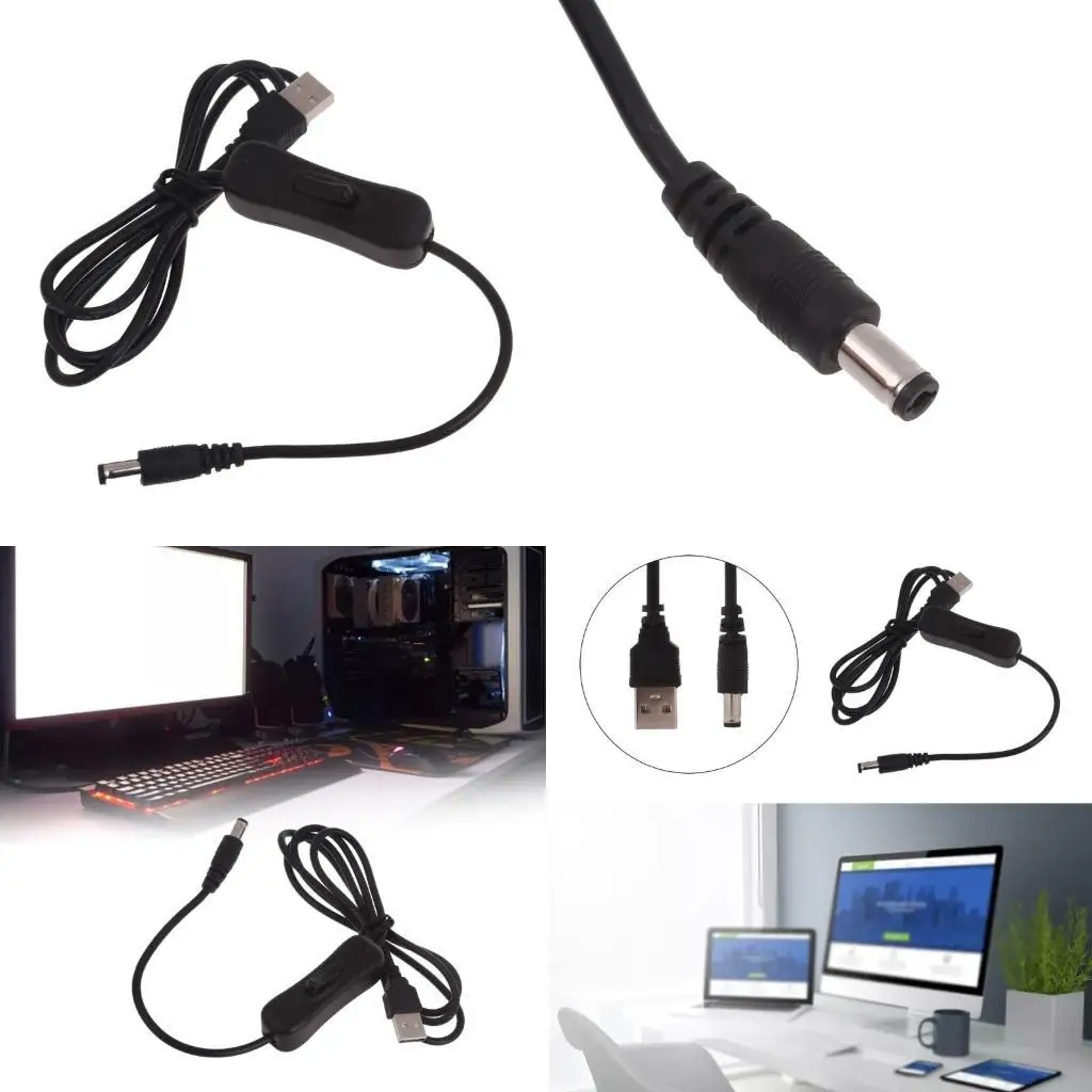 

652F 5V Universal Power Cable USB to 5.5x2.1mm Charging Cord Adapter with Switches for Webcam Router Recorder