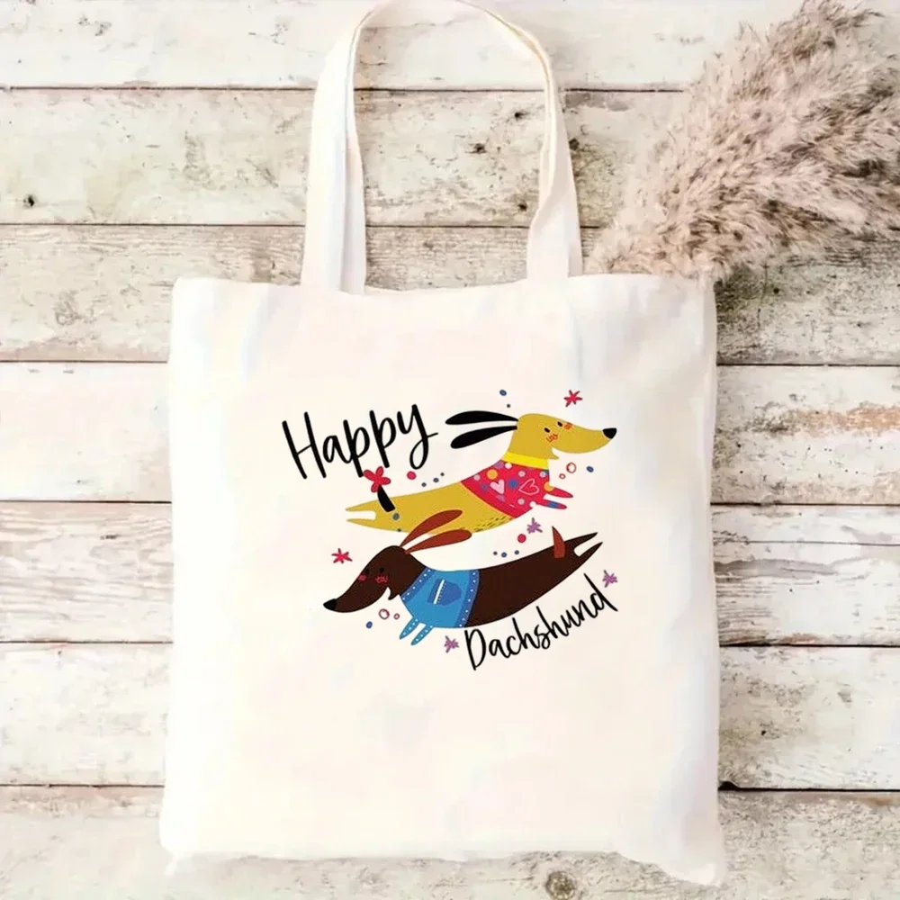 Happy Dachshund Print Canvas Tote Bag Cute Cartoon Sausage Dog Reusable Shopping Shoulder Bag Pet‑lover Women Daily Handbag