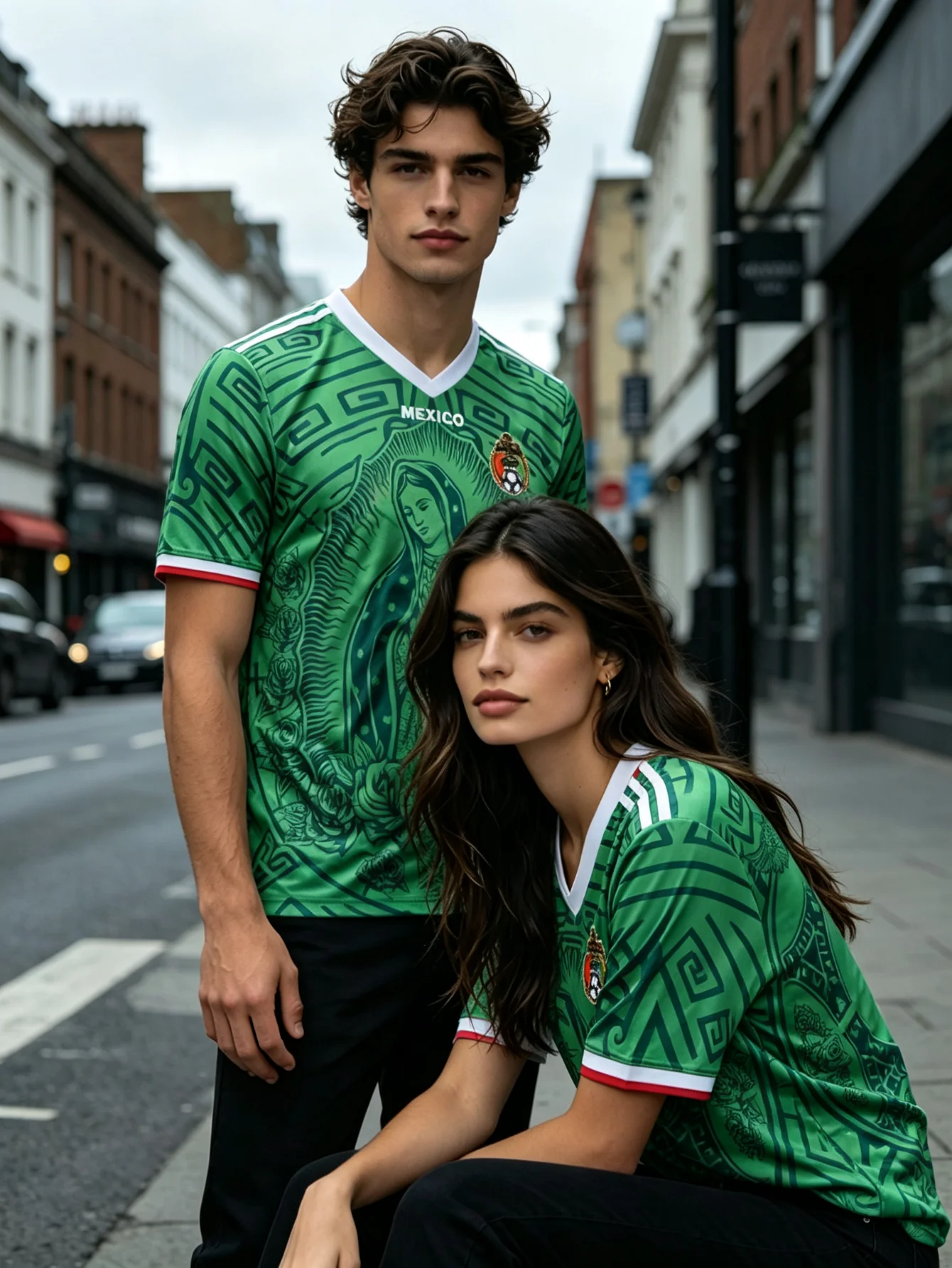 Green Aztec Y2K Soccer Jersey Mexico V Neck Virgin Men Women Unisex Short Sleeve Plus Size Standard Size Graphic Streetwear Top