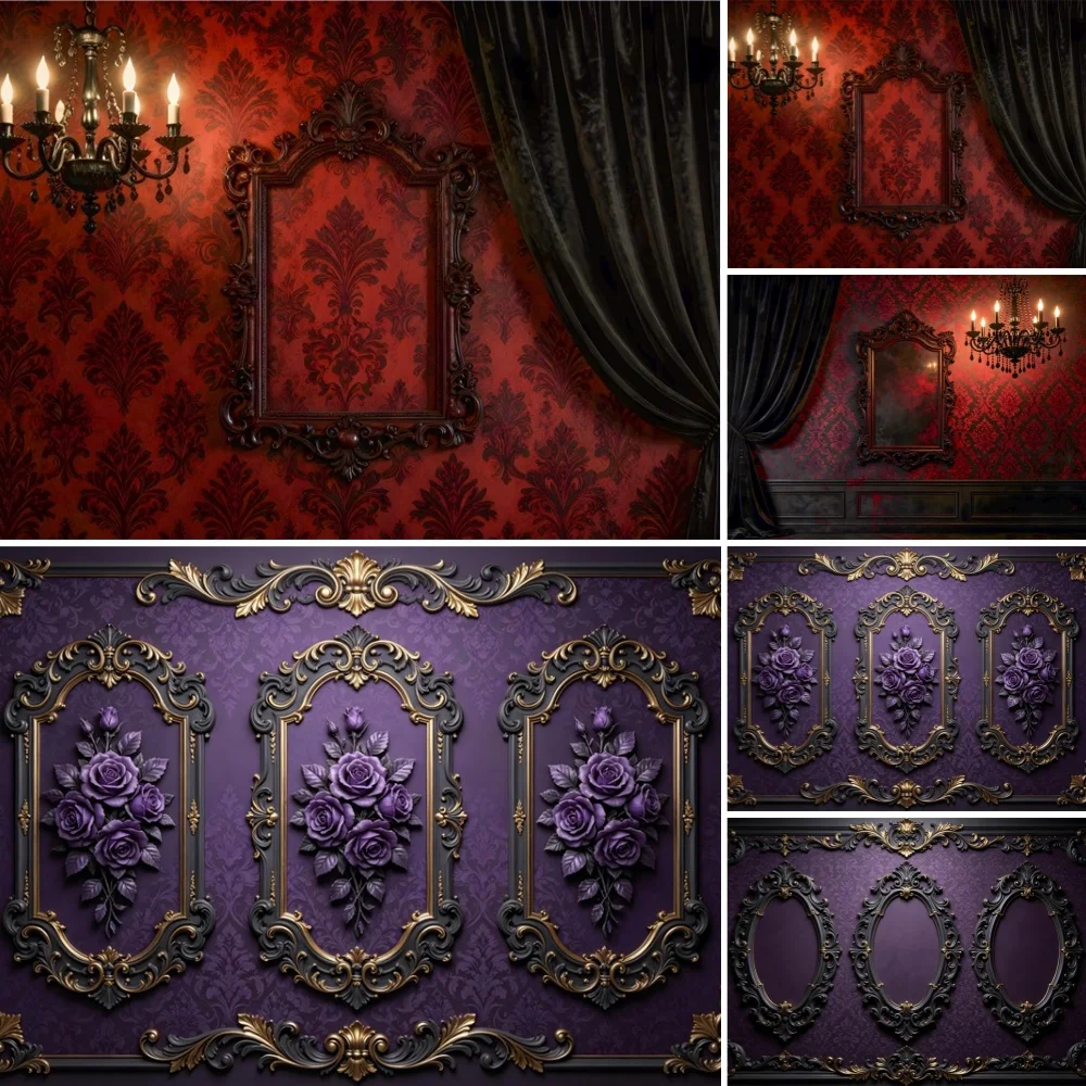 Medieval Castle Wall Backdrop Halloween Palace Red Purple Retro Wall Crystal Chandelier Adults Portrait Photo Decor Props Banner