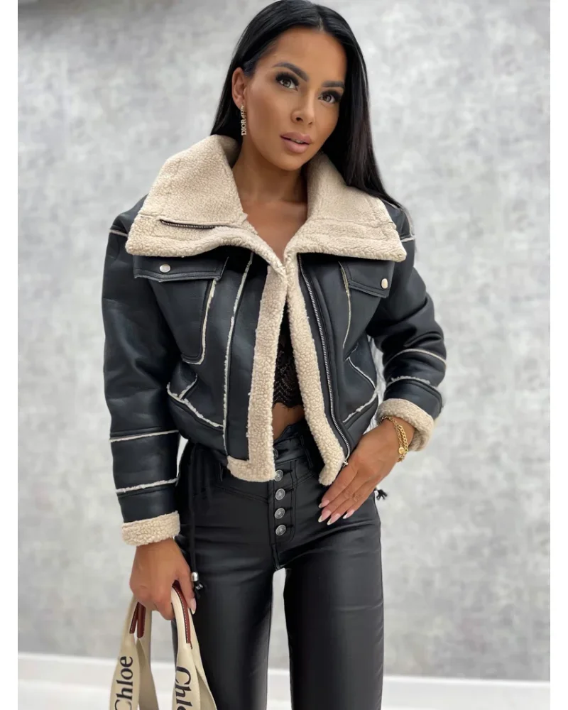 

Faux Leather Jackets Women PU Short Thick Warm Black Outwear Female Aviator Retro Lapel Velvet Coat New Year Winter Tops