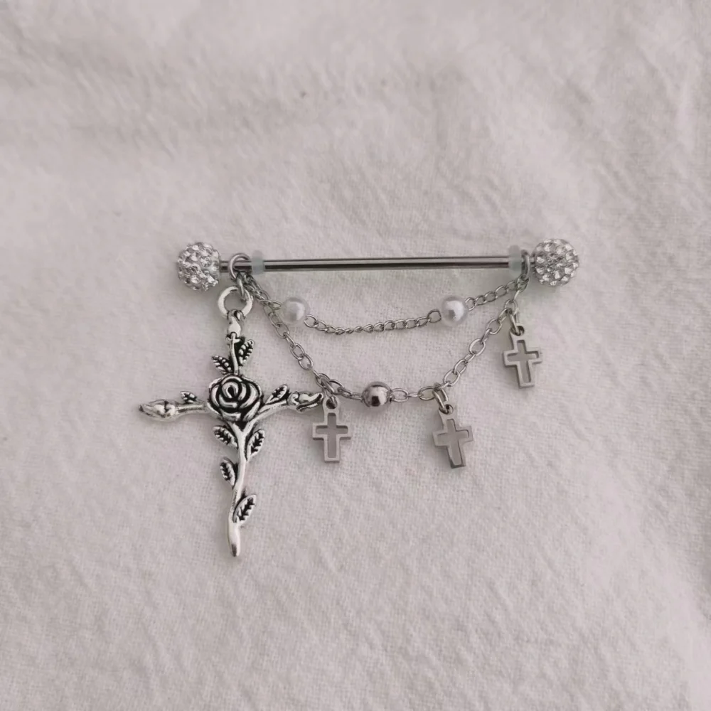 1PC Industrial Scaffold Barbell Ear Piercing Bar Surgical Steel with Chain Cross Pearl  Piercing Body Jewelry for Women 14g 16g