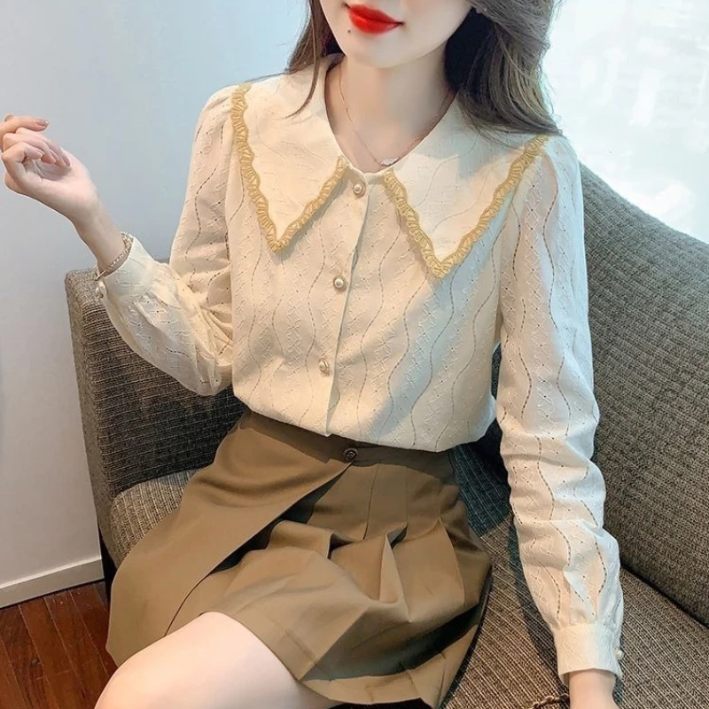 

Cute Color Contrast Peter Pan Collar Chiffon Shirt for Women 2026 Spring Autumn Sweet Style Fashion Top