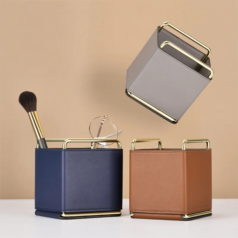 

Leather desktop storage box leather office pen holder remote control makeup brush bucket Nordic ornaments sundries storage