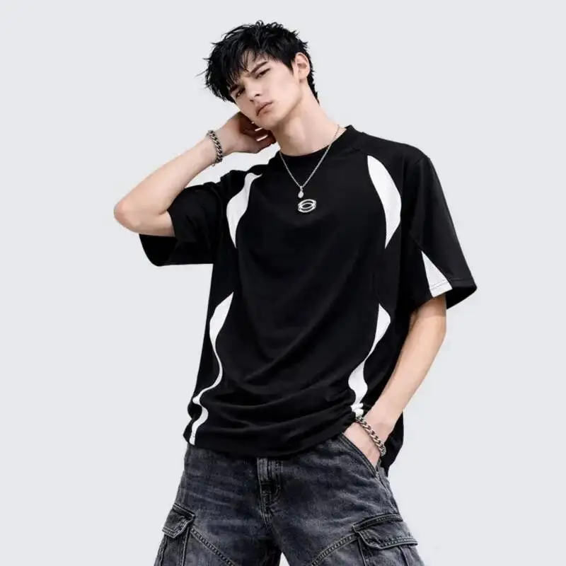 Color Blocking Line Splicing Sports Top Men's Casual Round Neck Short Sleeve Breathable T Shirt 2026 Summer New 246I2