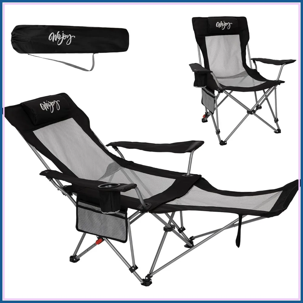 2-in-1 Reclining Camping Chair with Footrest for Adults Folding Lounge Chair Adjustable Backrest Heavy Duty Outdoor Camp Chairs