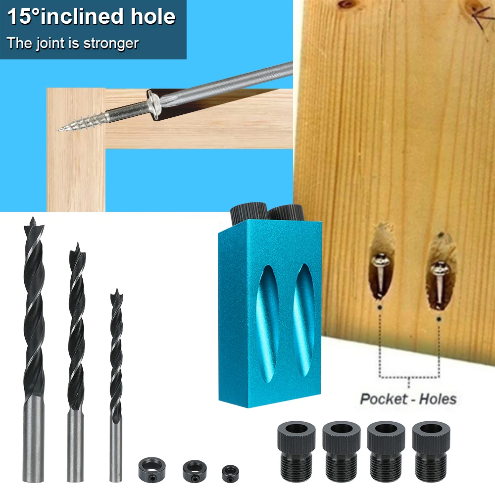 Woodworking Hole Drilling Guide Locator 15 Degrees Pocket Hole Jig Kit 7/14/15Pcs Hole Puncher With Drill Bit Set