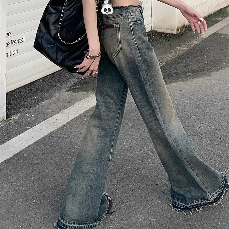 Retro Women's Spring and Autumn Spliced High Waist Button Zipper Pocket Fashionable Loose Draping Wide Leg Ragged Edge Jeans