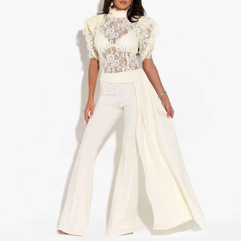 Lace Perspective Slim Women Party Outfit New Temperament Half High Collar Top and Pants Elegant Suit Office Casual Straight Set