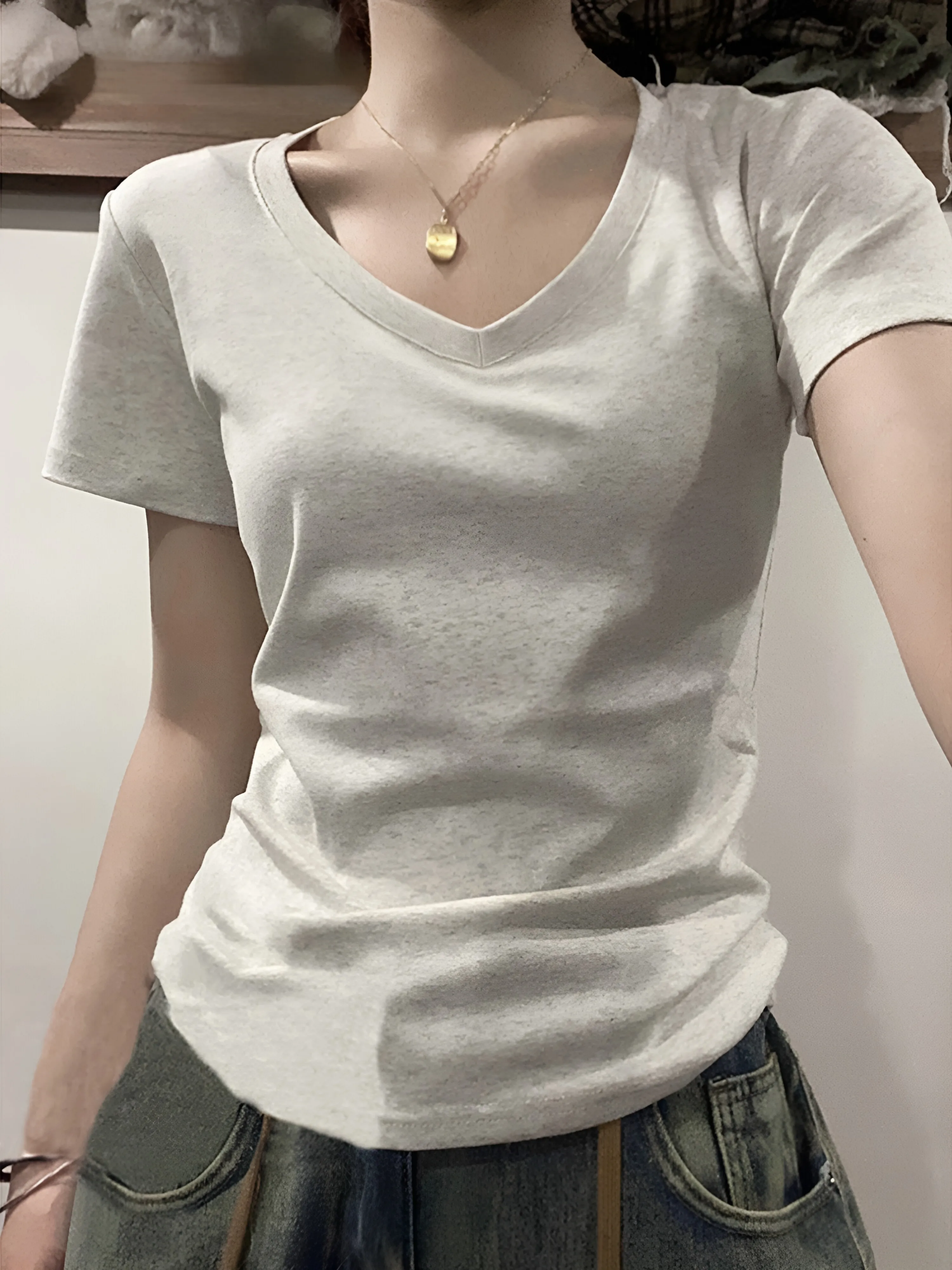 Summer Slim Fit Short Sleeve T-Shirt Women plus Size V-Neck Breathable Lightweight Comfortable Cotton 95% Elastic Bandage