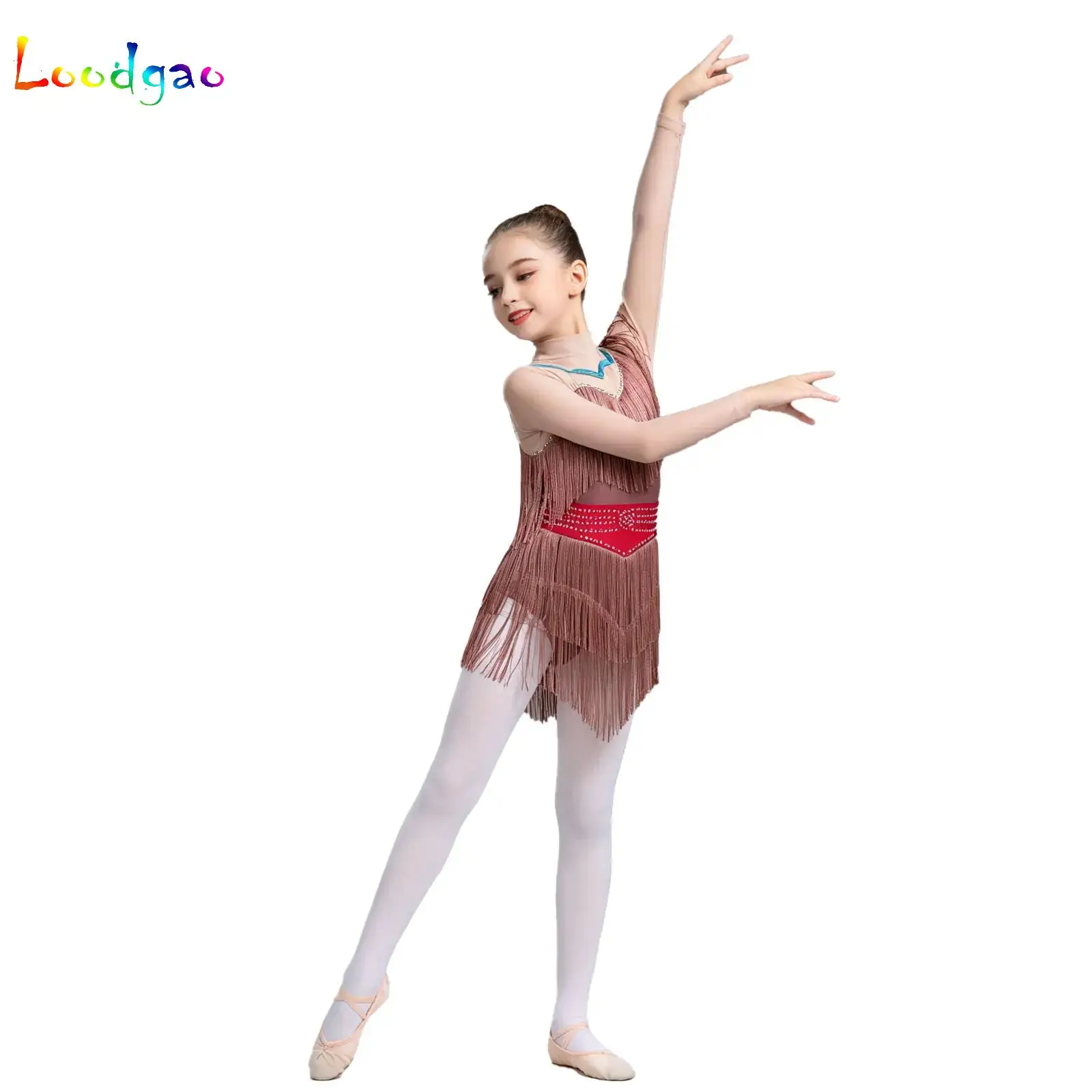 

Kids Girl Figure Skating Performance Costume Rhinestones Long Sleeve Tassel Bodysuit Dress Tango Latin Jazz Dance Leotard Outfit