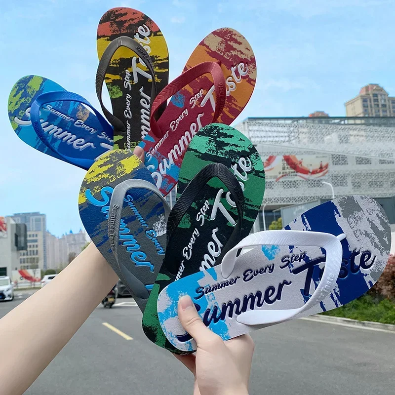 New Graffiti Flip Flops for Men in Summer Fashionable Outerwear for MenPersonalized Anti Slip Slippers for  Beach PVC Mens Shoes