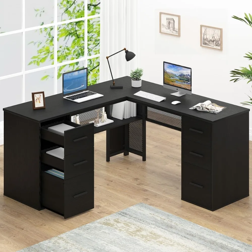 

Computer Desks, L Shaped Desk with File Drawers Shelves, Reversible Corner Metal Wood Computer Desk, Computer Desks