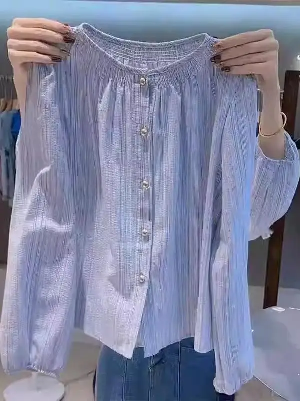 

Свободная полосатая длинная женская блузка све irt в стиле ретро, корейская, японская, с одной пуговицей, осенний сезон, большие размеры