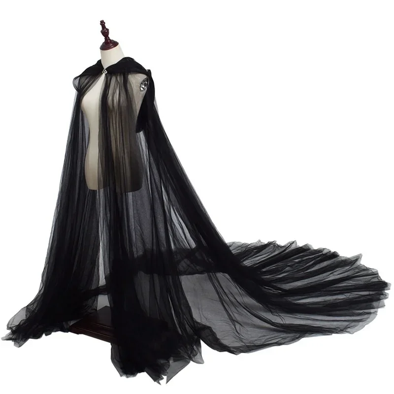 Halloween Costume for Women Hood Tulle Cape Cloak Black White Red Wedding Bridals Floor Length Soft Mesh Cloaks