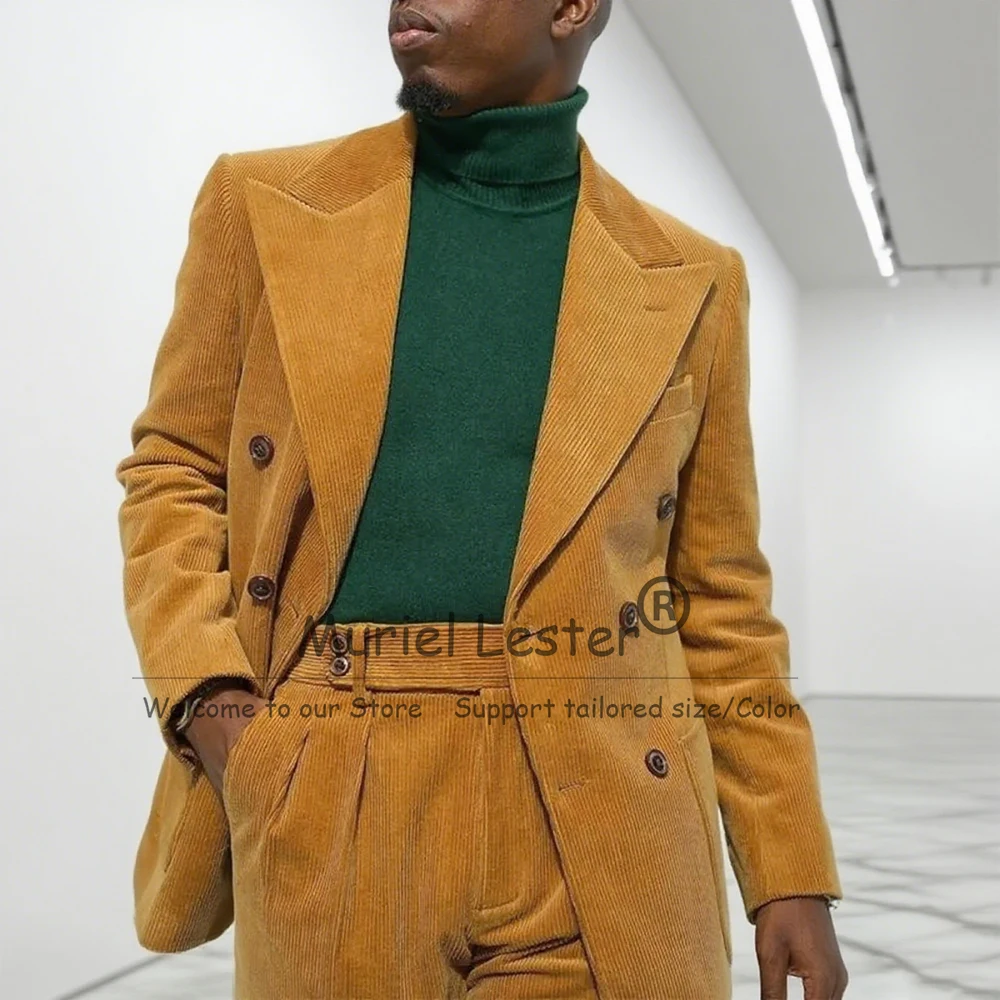 

Double-Breasted Corduroy Suits Men Formal Business Office Wear Blazer Pants 2 Pieces Groom Wedding Tuxedo Plus Size Customized