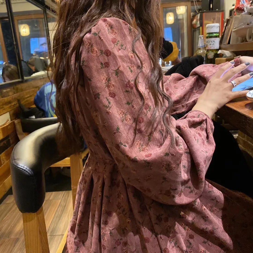 جديد وصول المخملية الأزهار تنورة طويلة الحلو الورك إخفاء الخريف الشتاء المرأة التخسيس عالية الخصر فستان الجنية الوردي