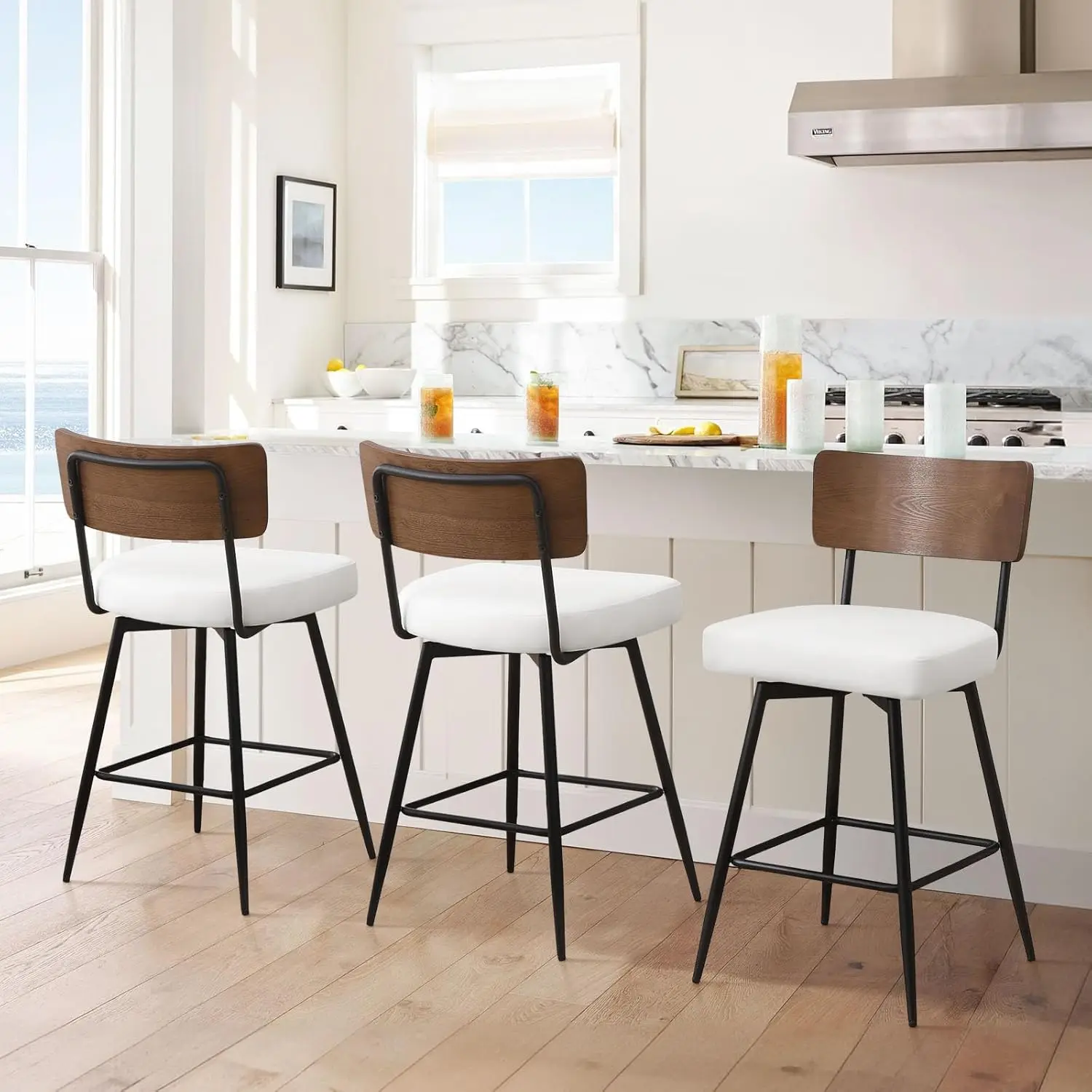 

Counter Height Swivel Bar Stools Set of 3, Upholstered Faux Leather Barstools with Wood Backs and Metal Legs, 26" Seat Height