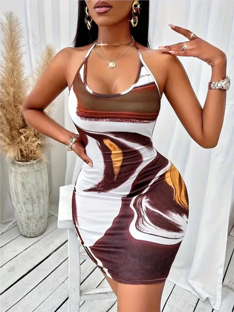 المرأة الجديدة طباعة اللباس أزياء مثير عارية الذراعين الدانتيل يصل Bodycon حزمة الورك السباغيتي حزام فساتين عطلة الشاطئ حزب اللباس