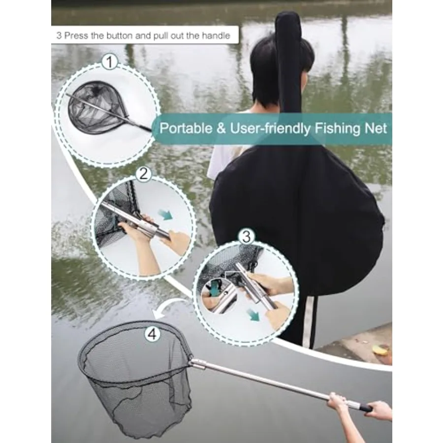 94" Telescopic Fishing Landing Net - Heavy-Duty Aluminum Handle with Non-Snag Rubber Coated Mesh, Extra Large Fishing Net for S - view 5