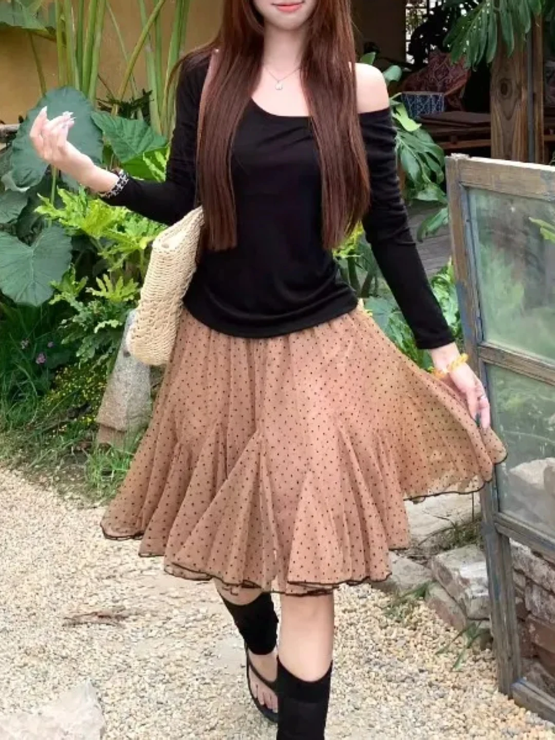 

Юбка-полусолнце больших размеров в горошек из сетки, пышная, А-силуэт, с завышенной талией, утягивающая, средней длины, женская, в корейском стиле, для повседневной носки