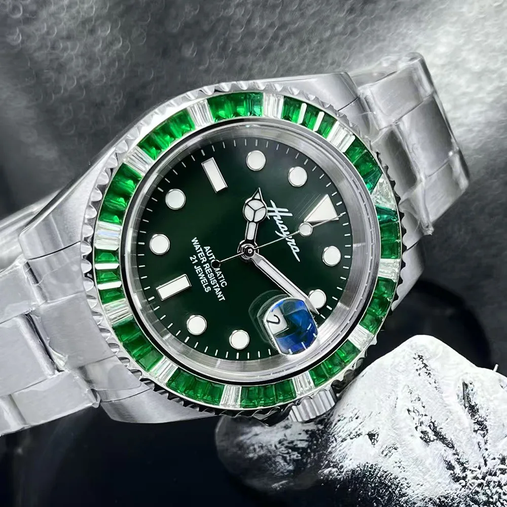 New luxury automatic stainless steel mechanical watch MIYOTA8215 movement green diamond frame glass sapphire men's watch