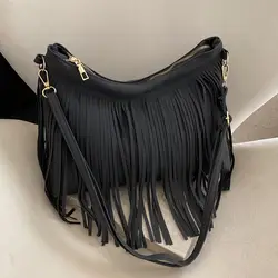 Long Fringe Tassel Bohemian Leather Bag Women Shoulder Crossbody Bags Zipper Women's Handbags Bag Gypsy Boho Bag
