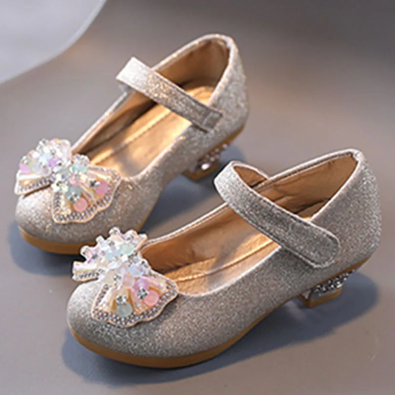 Kids Perform Princess Leather Shoes For Girls Butterfly Knot Dance Wedding Children High Heel Shoes Girls Sandals CSH1266