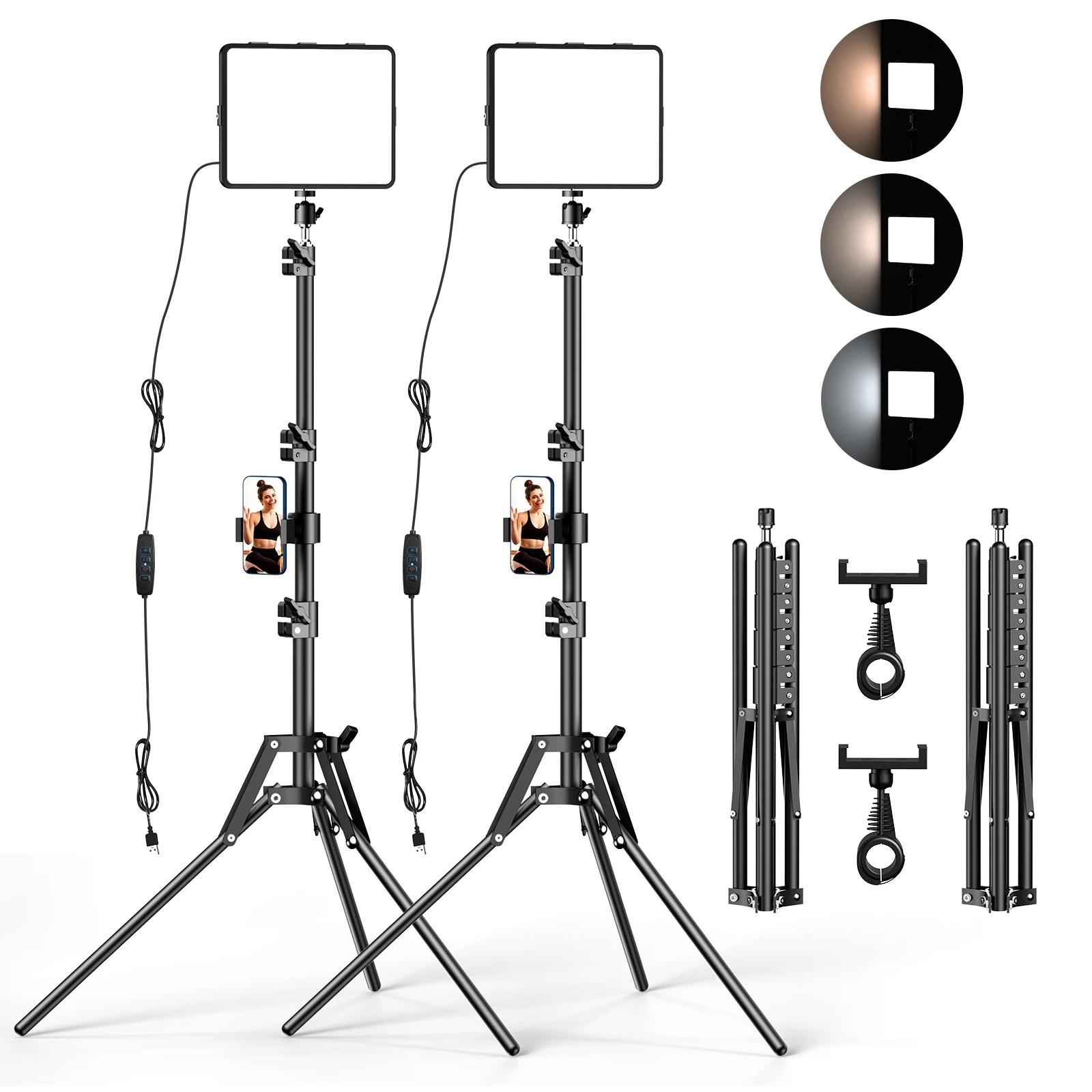 2-Pack LED Video Light Kit,2800-6500K Dimmable Photography Lighting with Tripod Stand&Phone Holder, for Video Recording,YouTube