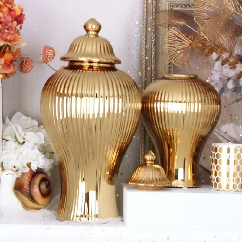 Ceramic Vase, Gold Striped Decoration with Lid, Versatile Ginger Jar Storage Bottle, Desktop Porcelain Ornament, Home Decoration