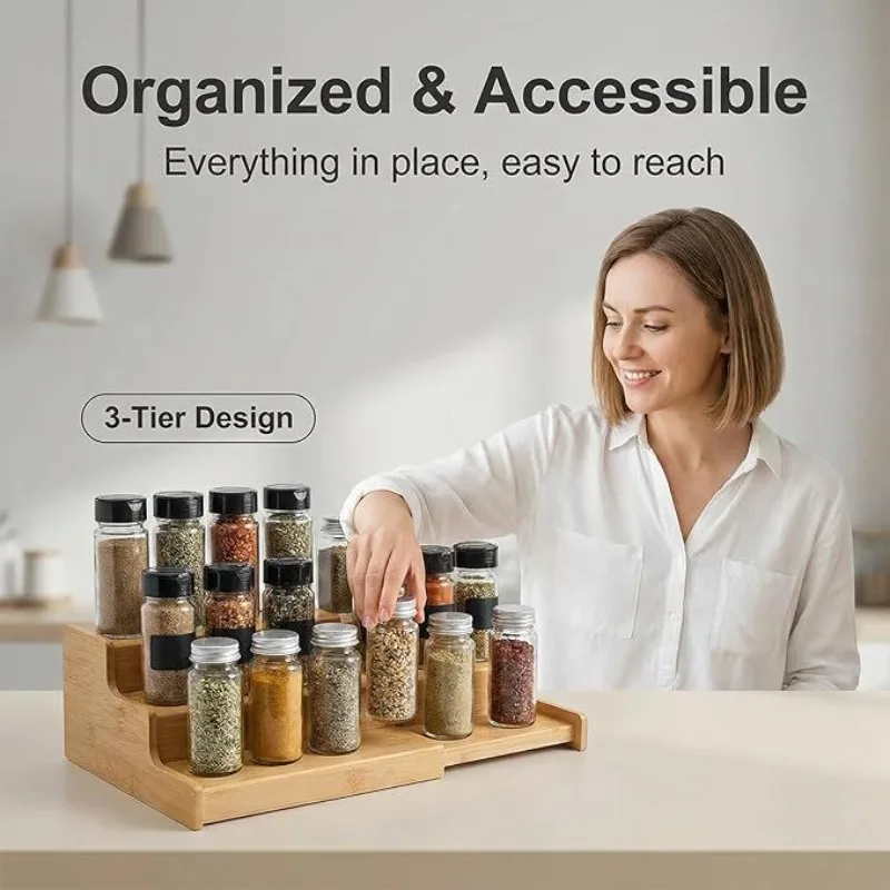 

3 Tier Bamboo Pull Out Spice Rack Organizer Countertop 3 Layer Bamboo Kitchen Seasoning Storage Rack Desktop Display Shelf