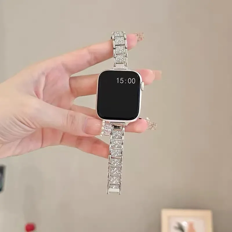 Nowy damski smukły pasek ze stali nierdzewnej do zegarka iWatch Ultra 9 8 7 6 SE 5 4 3 2 Diamond Band do zegarka Apple 38 40 41 42 44 mm 45 mm 49 mm