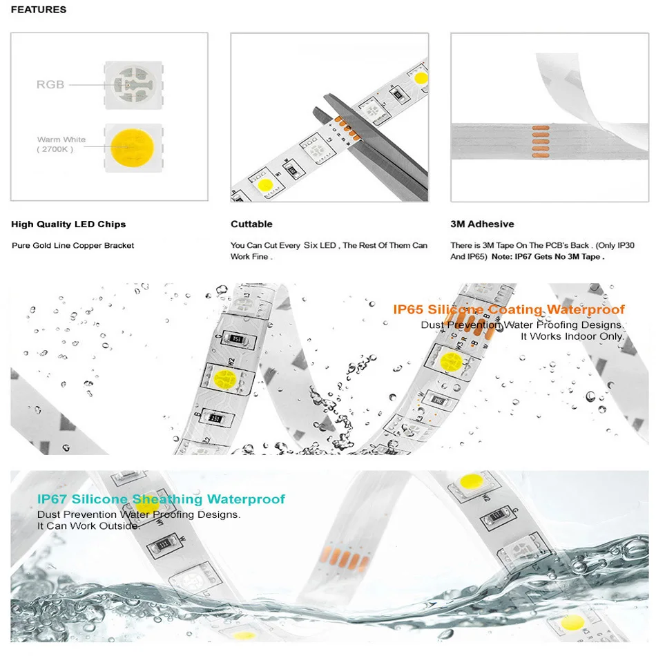 DC12V 5050 RGBW RGBWW LED-Streifenlicht RGG+ (Warm/Kaltweiß) 5-poliges IP30/IP65 wasserdichtes LED-Lichtband 0,1 m/0,5 m/1 m/2 m – Detail 4