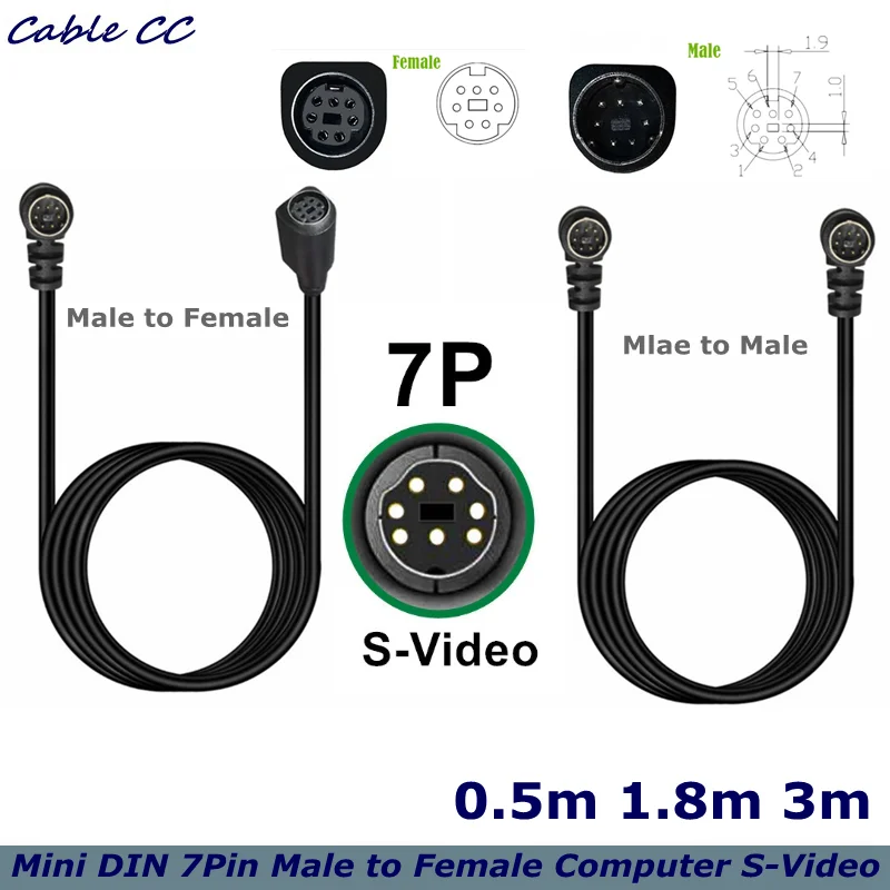 Mini Din 7-Pin S Video Cable Angle Male Female Connector, S-Video Angle Male to Male Cable for TV Receiver, TV, Monitor, Project