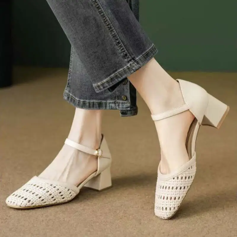 Fashion Woven Hollow Chunky Root Sandals for Women Comfort Round Toe Buckle Summer Heels Elegant Office Brand Formal Shoes Pumps view 3